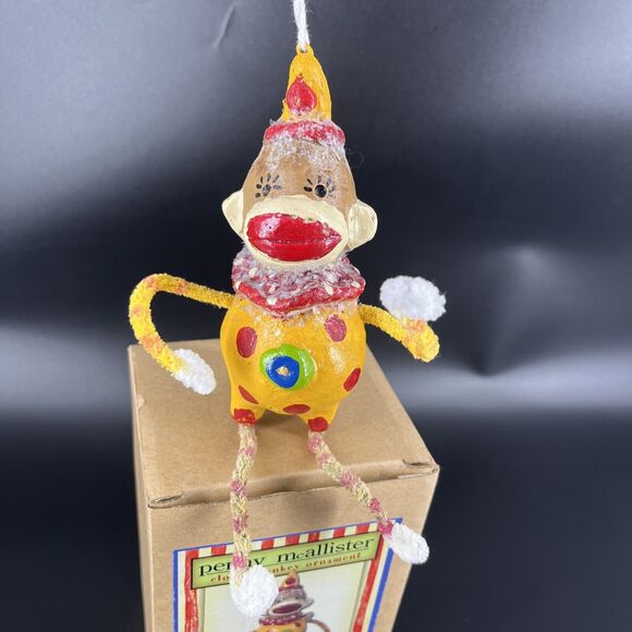 Penny McAllister Clown Sock Monkey Christmas Tree Ornament Yellow Red Polka Dots - Picture 2 of 14